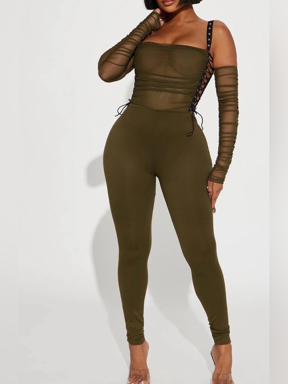 Hot Off-Shoulder Lace-Up Mesh Top Jumpsuit. Size Large